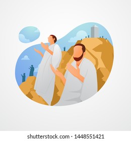 Hajj Pilgrims Pray at Mount Arafat. Standing on Mount Arafat until the sunset on the 9th day of Dhul Hijjah. Vector illustration