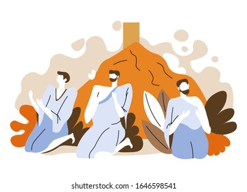 Hajj pilgrims pray at Mount Arafat isolated icon vector. Muslim people praying to Allah hand gesture, men in white robes on knees. Islam holy ritual, culture and religion, pilgrimage and pilgrims