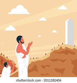 Hajj Pilgrims Pray at Mount Arafat. Standing on Mount Arafat until the sunset on the 9th day of Dhul Hijjah. Vector illustration eps.10