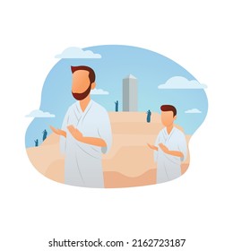 Hajj pilgrims pray at Mount Arafat. Standing on Mount Arafat until the sunset on the 9th day of Dhul Hijjah vector illustration