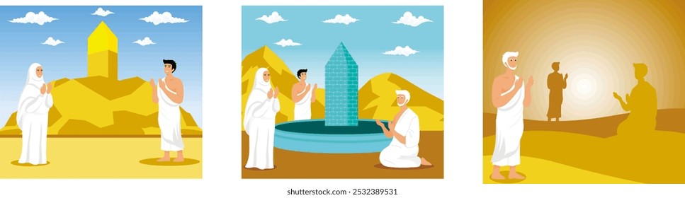 Os peregrinos do Hajj rezam no Monte Arafat. Muçulmanos no projeto da celebração de peregrinação do Mabrur Hajj. Rezando nas montanhas Jabal Rahmah em Arafat. Definir ilustração moderna de vetor plano 