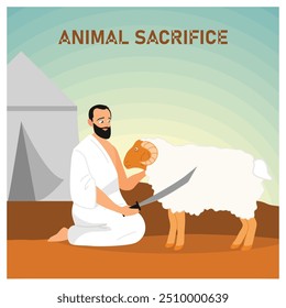 Los peregrinos del Hajj sacrifican animales. Esta adoración se lleva a cabo como un signo del final de la serie de peregrinaje Hajj. Concepto islámico del Hajj. Ilustración vectorial plana.