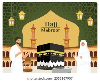 Hajj pilgrims standing next to the Kaaba. Surrounded by lanterns and decorative patterns. Islamic Hajj concept. Flat vector illustration.