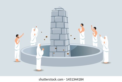 Hajj pilgrims stoning devil's pillars. It's call Jamaraat. One of Islam's sacred pilgrimage step. Suitable for info graphic.