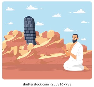 Os peregrinos do Hajj usam roupas de ihram. Reze no Monte Arafa sob um céu claro. Conceito de peregrinação islâmica do Hajj. Ilustração de vetor plano.