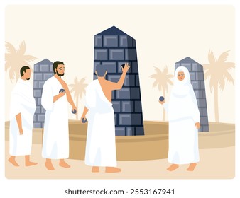 Hajj pilgrims wearing ihram clothes are carrying out the ritual of throwing stones at Satan. Symbolizes religious observance during the Hajj. Islamic Hajj Pilgrimage concept  Flat vector illustration.