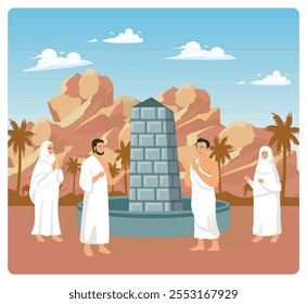 Los peregrinos del Hajj que llevan ropa de ihram están llevando a cabo los rituales del Hajj. Fondo del paisaje del desierto con palmeras datileras y cielo despejado. Concepto de peregrinación islámica Hajj. Ilustración vectorial plana.