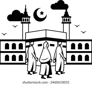 Hajj Privilege Muslim People wearing ihram vector icon design Eid al-Azha or Eid ul Kabir Symbol, Hajj Sign, Muslims religious Festival Stock illustration, Muslim Family performing Tawaf Concept