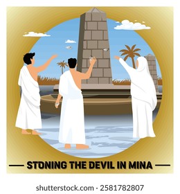 Hajj ritual of stoning symbolic pillars in Mina, representing deep faith and spiritual commitment during the Islamic pilgrimage. Flat vector modern illustration 