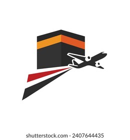 Logo de la agencia Hajj y Umrah, icono de viaje y turismo. avión volador con ilustración de kabah.