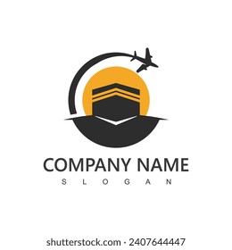 Hajj and umrah agency logo, tour and travel icon. flying airplane with kabah illustration.