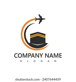 Hajj and umrah agency logo, tour and travel icon. flying airplane with kabah illustration.