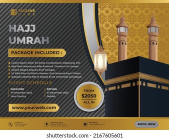 Hajj and Umrah Brochure Gold Travel and Tour Luxury with Kaaba and Lantern realistic 3d,for Social Media post,Pamphlet, Brochure, Flyer or Poster