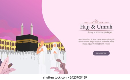 Diseño Hajj y umrah con carácter de pueblo y concepto kaaba. Ilustración de Eid al adha mubarak para las plantillas de página de Aterrizaje, Ilustración de Libros, Banners, Invitación de Tarjetas, Impresión y Medios Sociales.