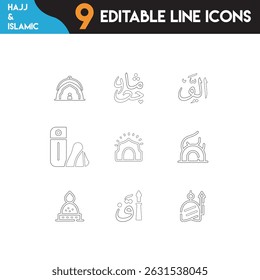  Hajj and Umrah , Eid, Islamic Icons Set in Thin Line Vector Format.