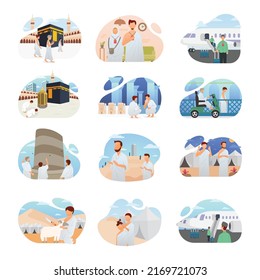 Hajj and Umrah guide step by step in one collection Vector illustrations