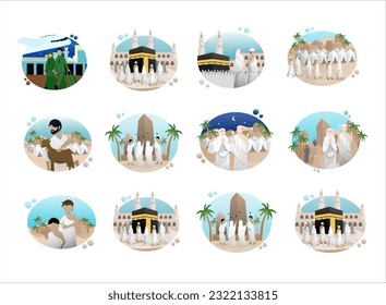 Hajj and umrah guide step by step in one collection vector illustration for template, IG post, poster, banner and other. A simple Vector Design.