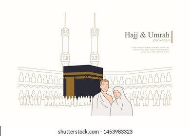 Hajj and umrah hand draw style Illustration design. Eid al adha mubarak with people character concept. 