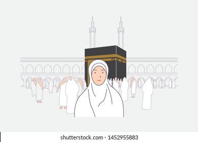 Hajj and umrah Illustration design. Eid al adha mubarak with people character concept. Flat cartoon design vector illustration.