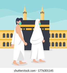 Hajj and umrah islamic pilgrimage ritual guide during pandemic covid-19. Flat style vector illustration of muslim characters doing tawaf while wearing mask to prevent corona virus spread.