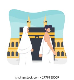 Hajj and umrah islamic pilgrimage ritual guide design. Flat style vector illustration of muslim characters performing tawaf at kaaba Al Haram mosque, Mecca.