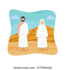 Hajj and umrah islamic pilgrimage ritual guide design. Flat style vector illustration of muslim characters wearing ihram clothes for praying.