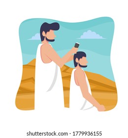 Hajj and umrah islamic pilgrimage ritual guide design. Flat style vector illustration of muslim characters shave or trim hair. 