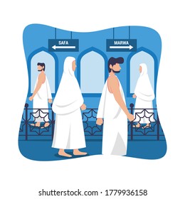 Hajj and umrah islamic pilgrimage ritual guide design. Flat style vector illustration of muslim characters walking saey between safa and marwa.