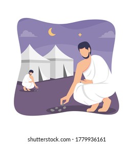 Hajj and umrah islamic pilgrimage ritual guide design. Flat style vector illustration of muslim characters collecting pebbles at muzdalifah. 