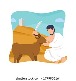 Hajj and umrah islamic pilgrimage ritual guide design. Flat style vector illustration of muslim characters sacrifice goat as animal qurban.