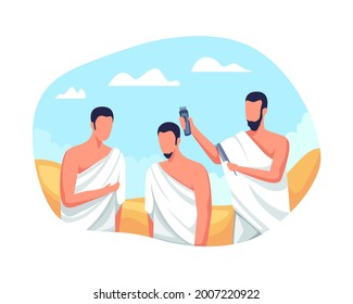 El ritual de peregrinación islámica del Hajj y umrah. Los personajes musulmanes se afeitan o recortan el pelo, el ritual de la peregrinación del Hajj. Los peregrinos del Hajj se afeitan la cabeza, Tahallul con el pelo afeitado. Ilustración vectorial en estilo plano