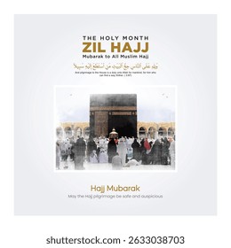 Hajj e Umrah Kaba projeto vetorial no céu e nuvens. Árabe caligrafia Tradução: árabe muçulmano feriado hajj para bandeira, papel de parede, capa