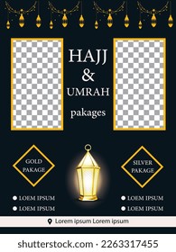 Volante del paquete Hajj y Umrah Luxury, plantilla de volante Ramadan Kareem folleto islámico que publica caligrafía árabe, celebración de tarjetas de felicitación del festival de la comunidad musulmana, traducción: El mes del ayuno