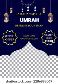 Hajj and Umrah Luxury package flyer, Ramadan Kareem flyer template Islamic brochure post Arabic calligraphy, Greeting card celebration of Muslim community festival, Translation: The month of fasting