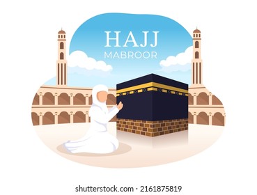 Hajj or Umrah Mabroor Cartoon Illustration with People Character and Makkah Kaaba Suitable for Poster or Landing Page Templates