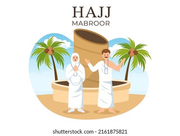 Hajj or Umrah Mabroor Cartoon Illustration with People Character and Throwing Stones at the Jamaraat Tiangs Pillar Suitable for Poster or Landing Page Templates