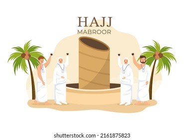 Hajj or Umrah Mabroor Cartoon Illustration with People Character and Throwing Stones at the Jamaraat Tiangs Pillar Suitable for Poster or Landing Page Templates