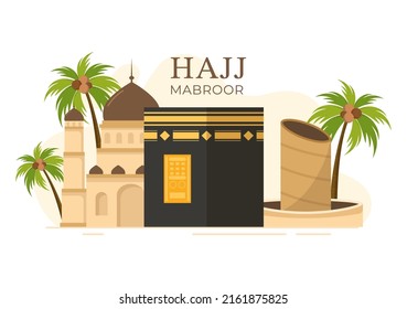 Hajj or Umrah Mabroor Cartoon Illustration with Makkah Kaaba Suitable for Background, Poster or Landing Page Templates