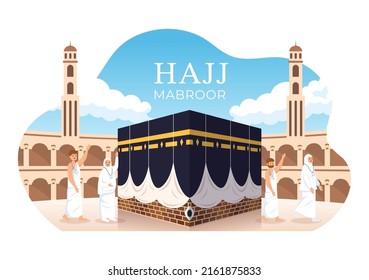 Hajj or Umrah Mabroor Cartoon Illustration with People Character and Makkah Kaaba Suitable for Poster or Landing Page Templates