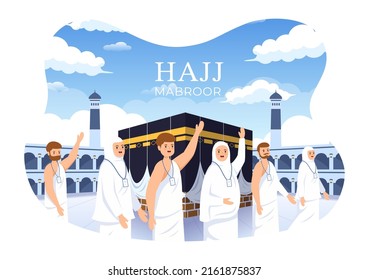 Hajj Or Umrah Mabroor Cartoon Illustration With People Character And Makkah Kaaba Suitable For Poster Or Landing Page Templates