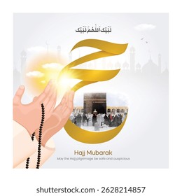 Hajj and Umrah mubarak illustration Translations: Arabic calligraphy tex Hajj During Hands, Muslim is praying and beads, Islamic faith with person praying or dua in Kaaba.