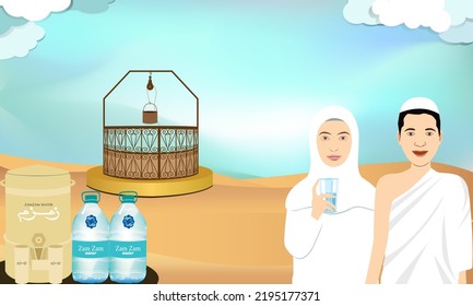 Hajj And Umrah Pilgrims Drink Zamzam Water (muslim Holy Water) In Ihram Clothes. Illustration Of Cartoon Character With Zamzam Well And Desert Background