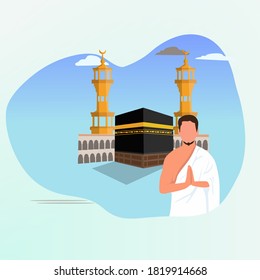 Hajj and Umrah prayers near the Kaaba vector illustration template. with the background of the mosque minaret