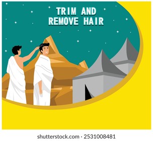 Hajj and umrah for travel service business website and mobile web. Two men were standing near the tent. Flat vector modern illustration