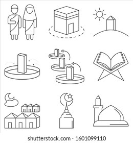 hajj/umrah icon set. outline vector illustration. content such as ihram, kaabah, jumrah, tend, madinah and more.