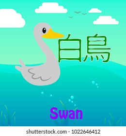 Hakucho Japanese Kanji Name, Japan Language Word Alphabet Animal Vector, Meaning the Swan