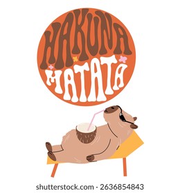 Hakuna Matata lettering poster with capybara relaxing at the beach. Vector cartoon style flat character.