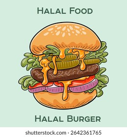 Um hambúrguer Halal apresenta uma empada preparada de acordo com as leis dietéticas islâmicas, garantindo que a carne é halal. Servido com várias coberturas e molhos em um pão.