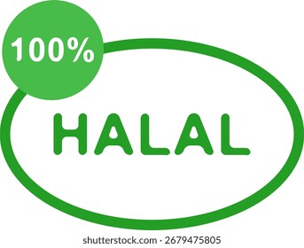 Halal certification sticker with green text inside white oval and 100 percent mark