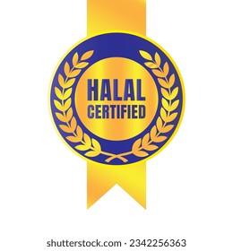 Halal certified badge design vector, Halal food product stamp, Authorized halal food and drink  ribbon stamp label